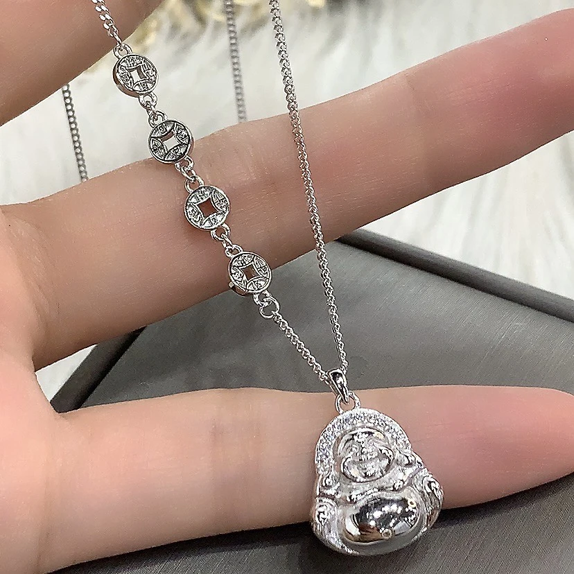 坠链均925银合成锆石 时尚钱多多笑佛项链40-45cm