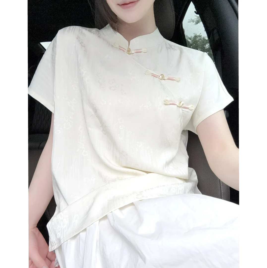 【望星河】夏季短袖丝滑舒适女装百搭透气精致提花手工盘口