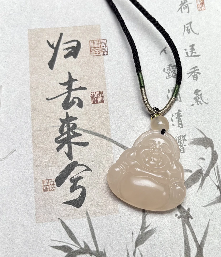纯天然玉石藕粉色大佛公正装女士百搭吊坠