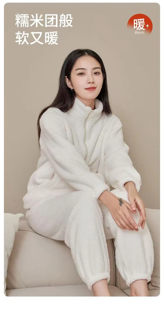 【男女同款】情侣米粒绒立领拉链睡衣秋冬休闲保暖加厚家居服套装