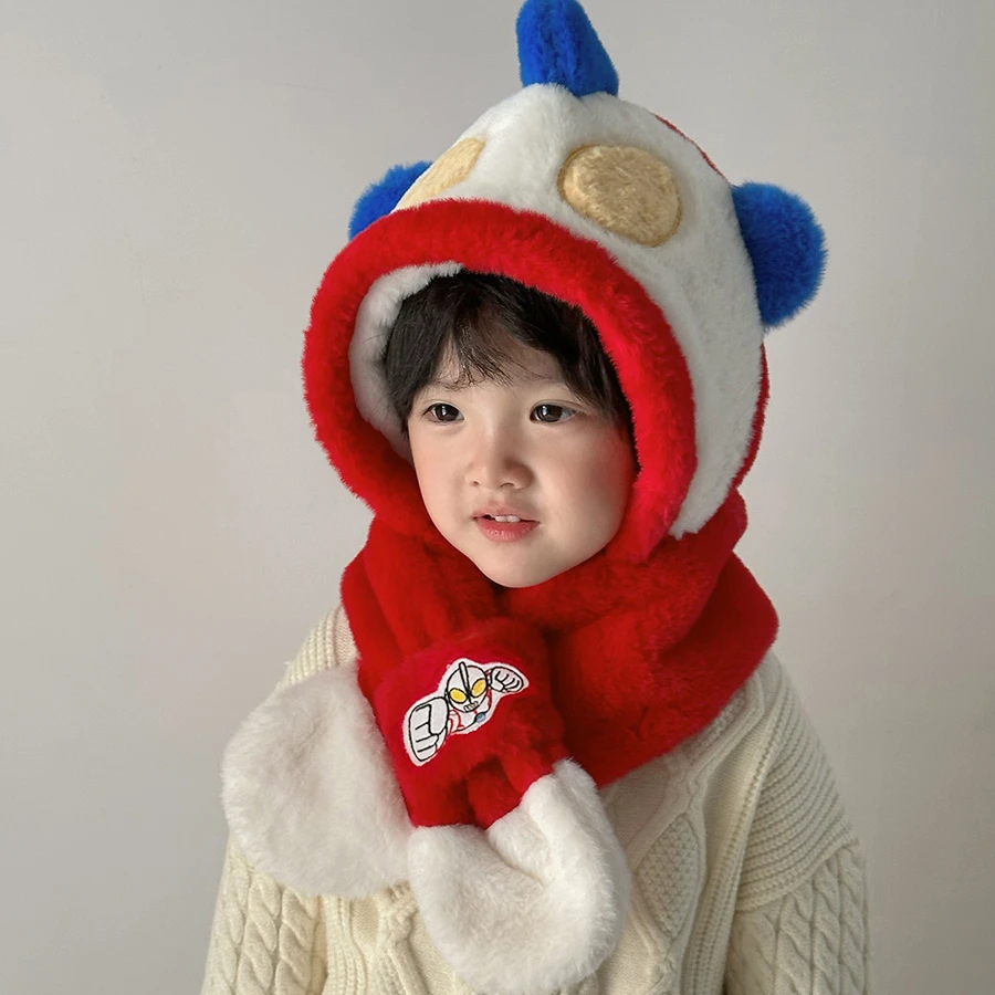 儿童帽子围巾一体帽两件套秋冬季保暖奥特曼宝宝防风加绒加厚mmm