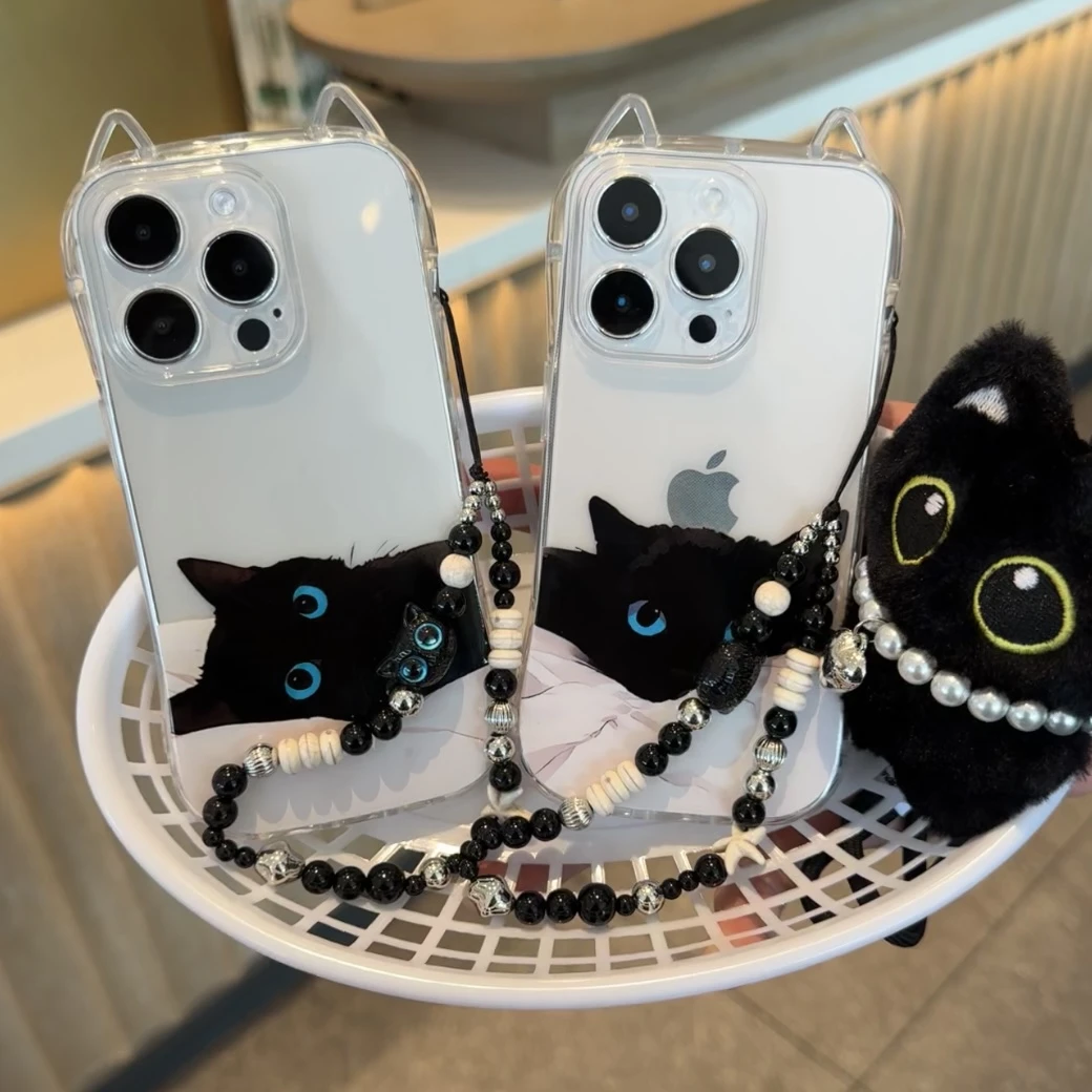 奥菲顿趴睡黑猫挂绳适用iPhone16/15pro苹果14猫耳朵12手机壳13套