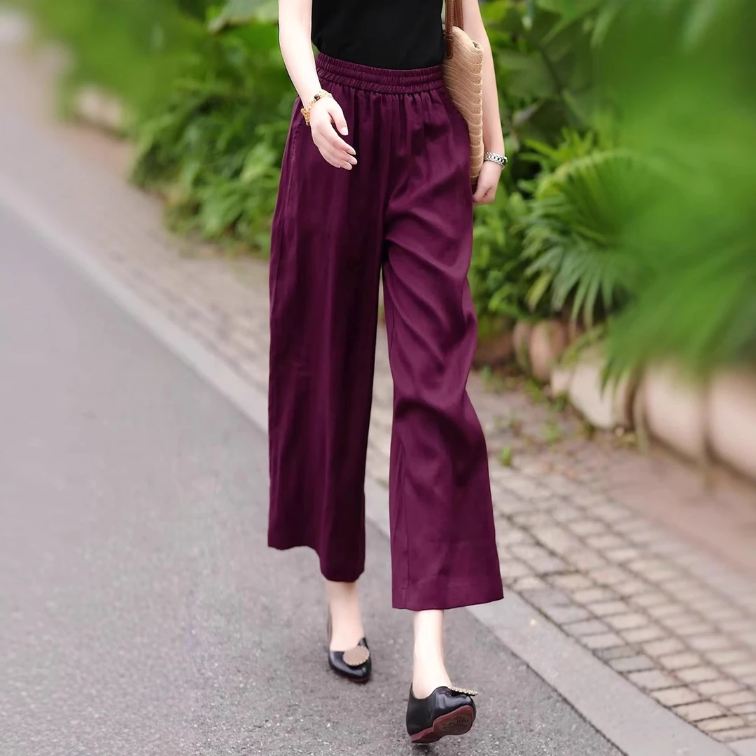 亚麻日系慵懒松弛感裤子女夏季薄款2025新款九分裤高腰妈妈阔腿裤