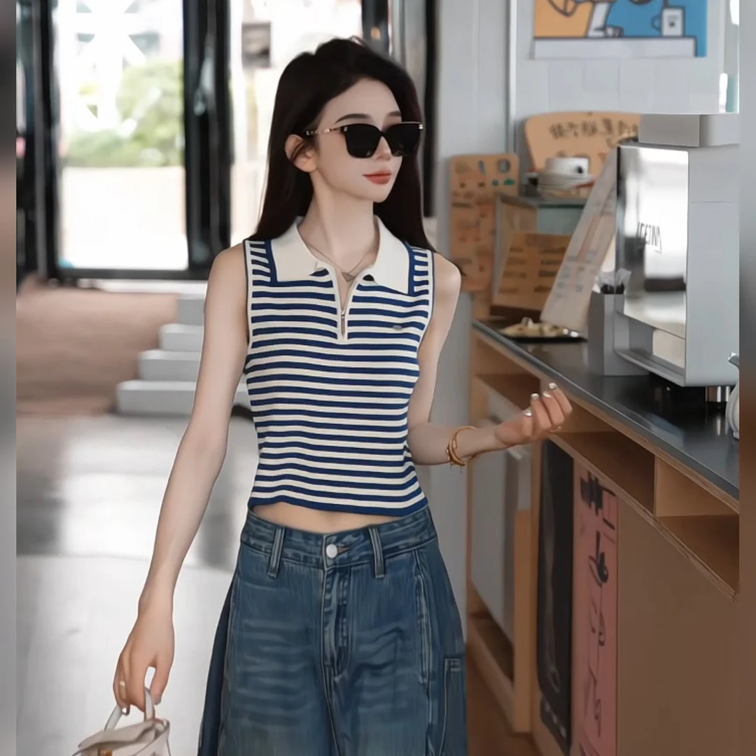 学院风polo领时尚半拉链针织背心夏季2025新款设计感百搭无袖上衣