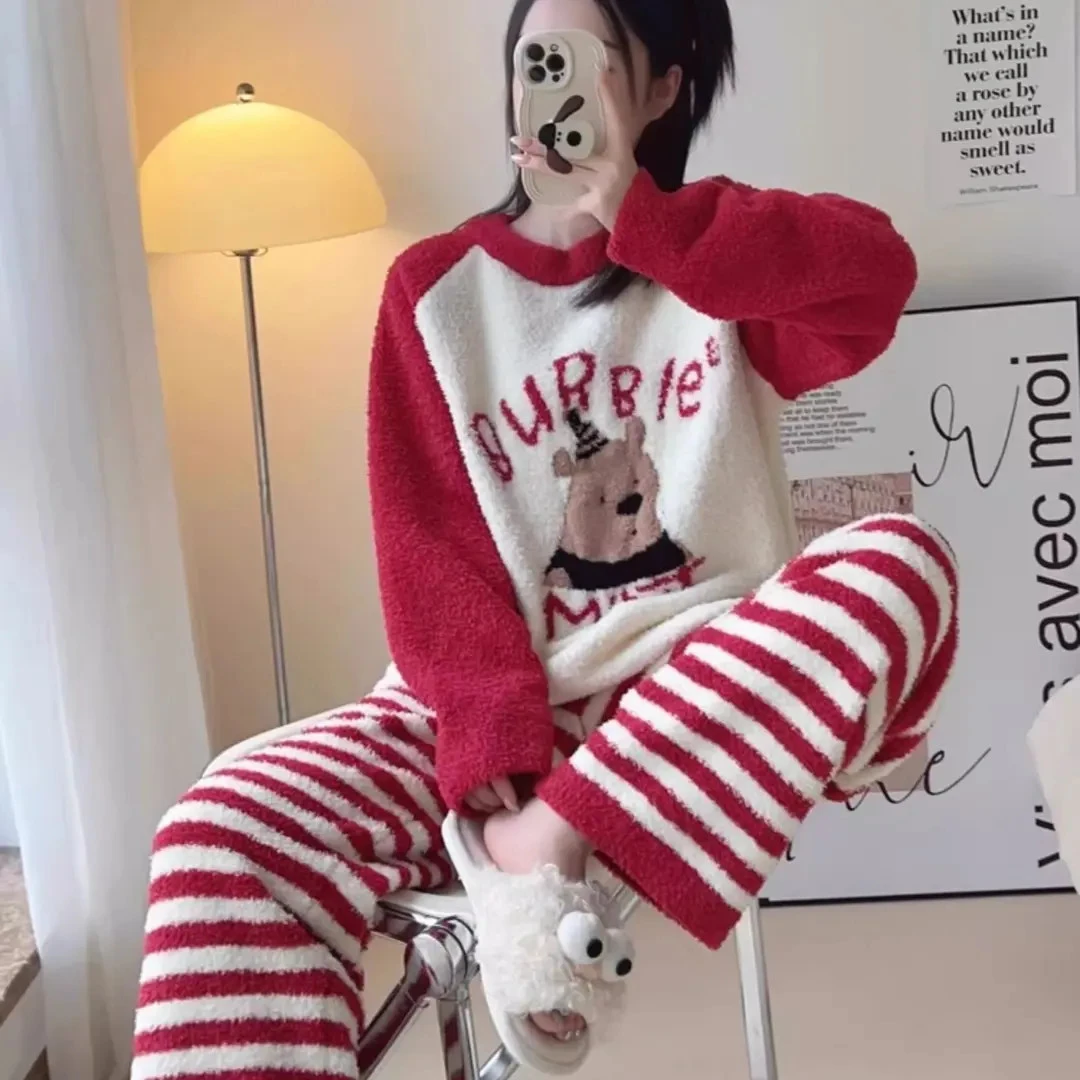 半边绒网红同款维维小熊结睡衣女秋冬季加厚保暖可外穿家居服ALE