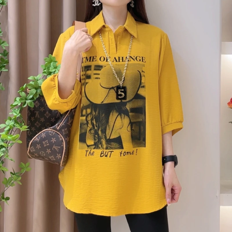 1875衬衫领美女戴帽印花休闲夏季宽松中长款大码显瘦短袖衬衣T恤
