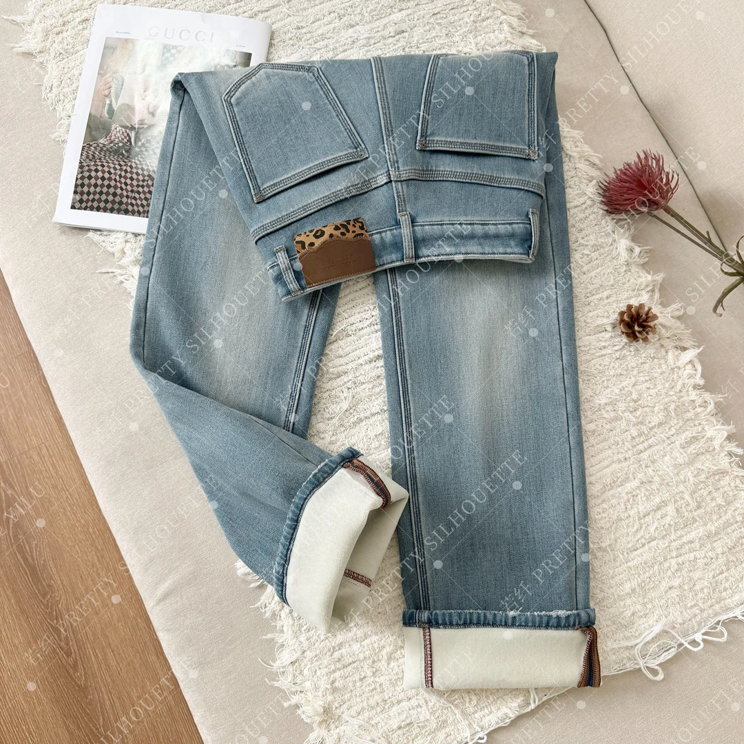 Pretty Silhouette/若纤秋冬加绒加厚牛仔裤女【星雾蓝】窄版直筒裤