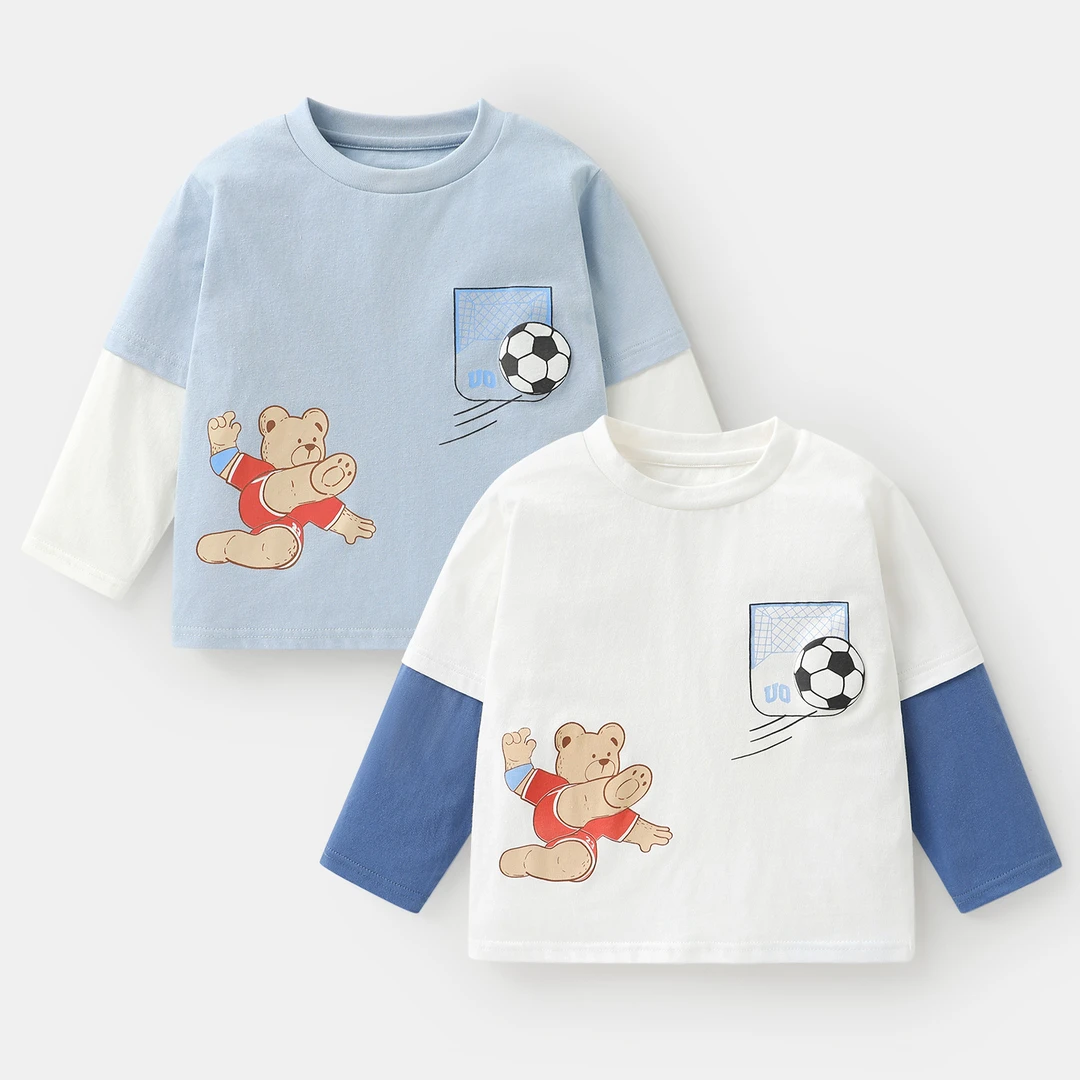 男童小熊假两件长袖T恤秋季新款卡通童装宝宝上衣U16667
