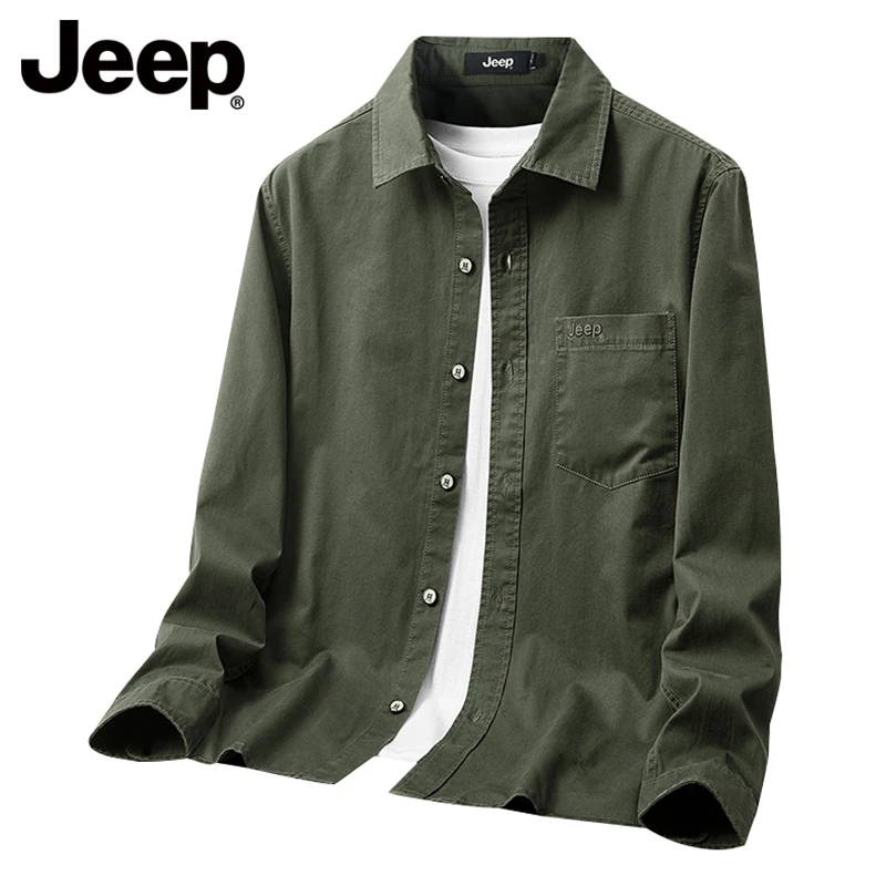 Jeep吉普春秋季长袖衬衫男纯棉工装美式休闲加厚商务免烫百搭外套