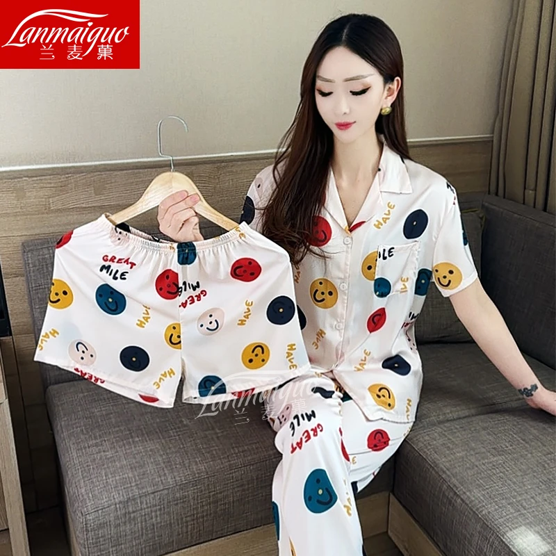夏季冰丝睡衣女爆款2025新款睡衣三件套短袖家居服薄款可外出穿
