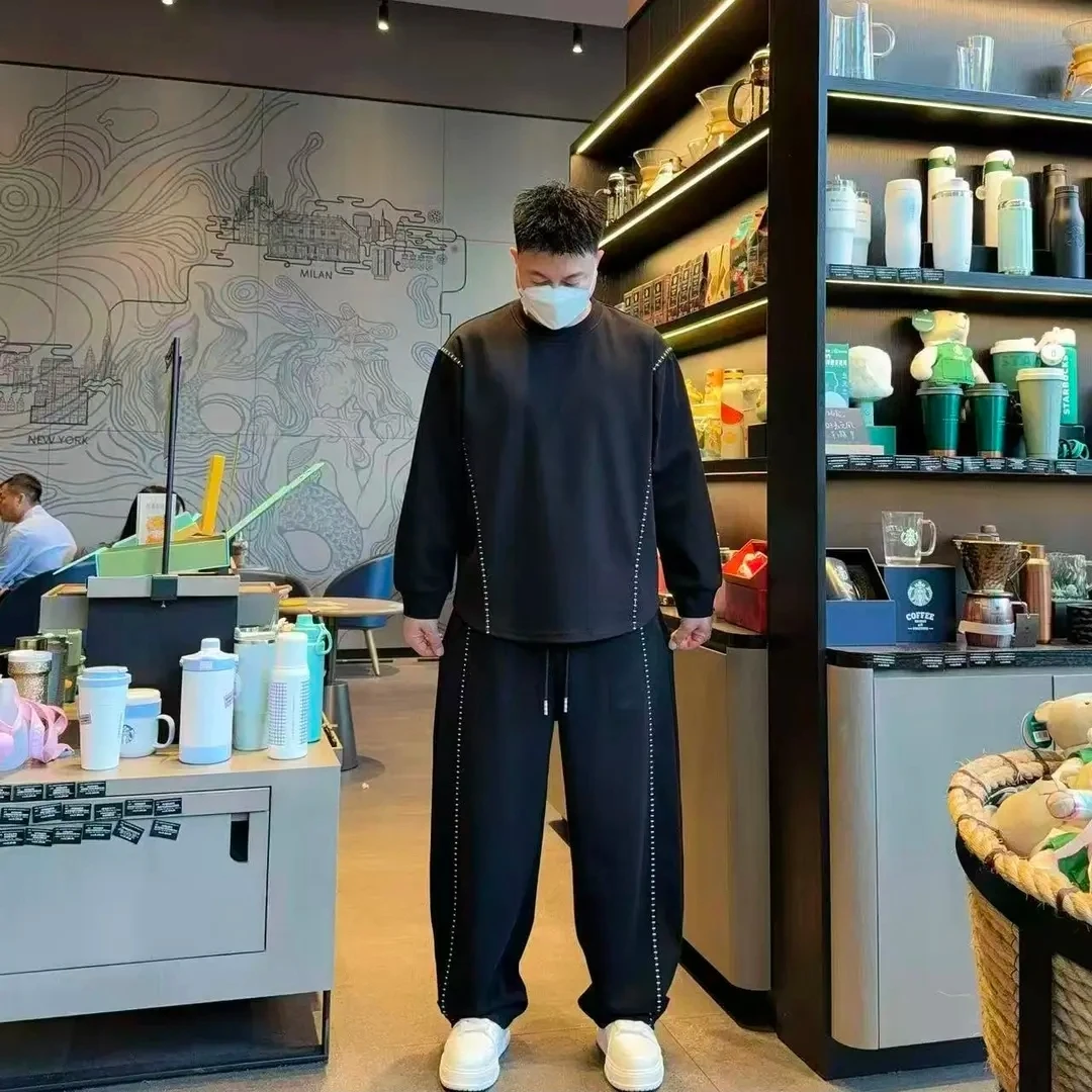 秋季慵懒风拼接明线简约休闲运动套装男时尚百搭卫衣直筒裤两件套