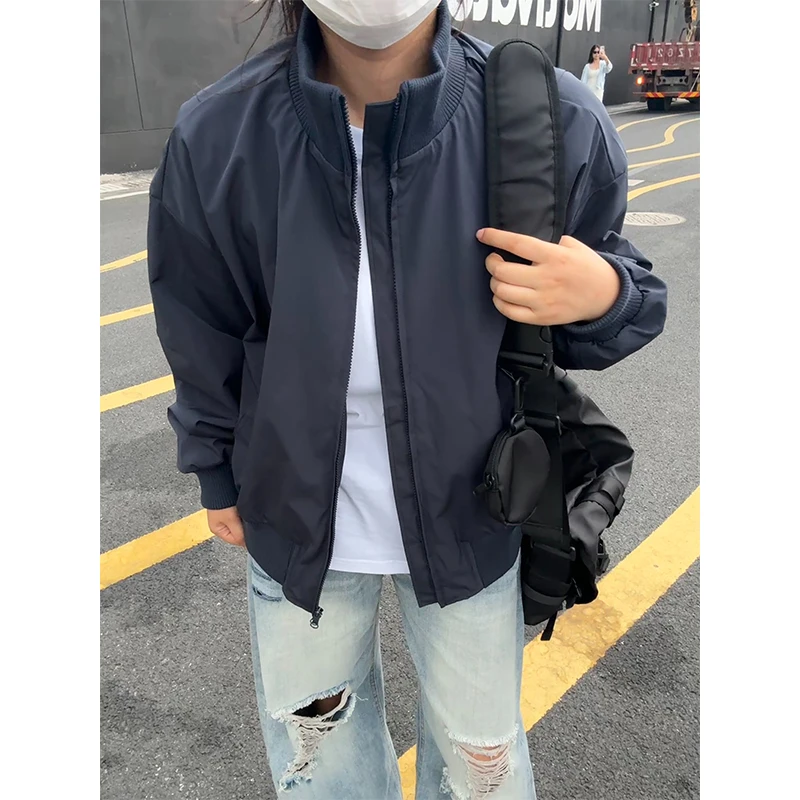 美式高街飞行员夹克男秋季cleanfit藏青色短款外套廓形立领棒球服