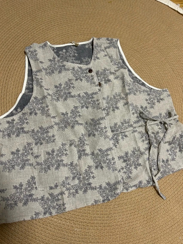 【WEIWEI】春款复古日系绑绳棉麻提花马甲