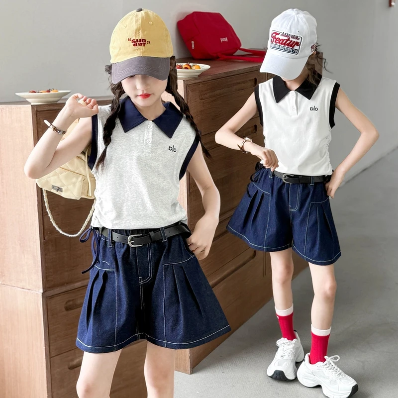 女童无袖polo衫套装夏季2025新款洋气儿童短裤女中大童夏装两件套