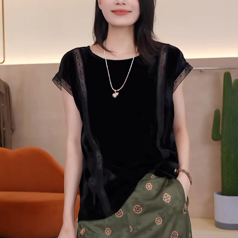 2025夏季新款黑色网纱镂空短袖T恤女时尚显瘦减龄高级感上衣
