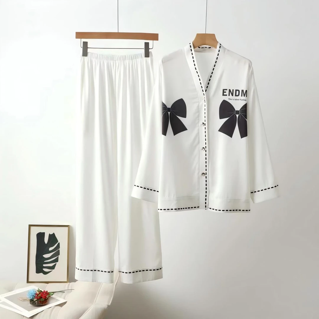 特！门店29&9！双蝴蝶睡衣」冰丝舒适虚线印花家居服套装女 C22774