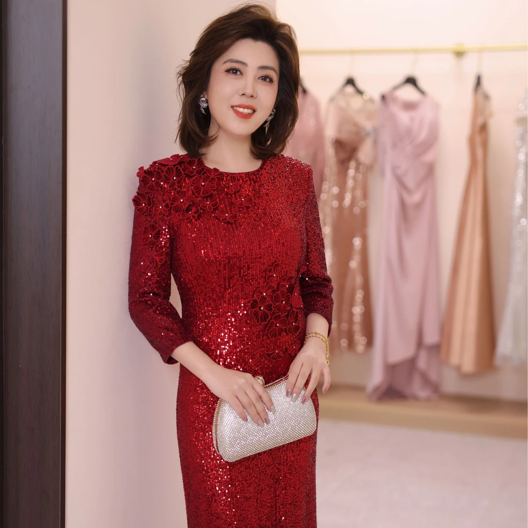 【喜瑞妈妈婚宴礼服】显瘦红色亮片鱼尾礼服 气质长袖轻奢名媛优雅