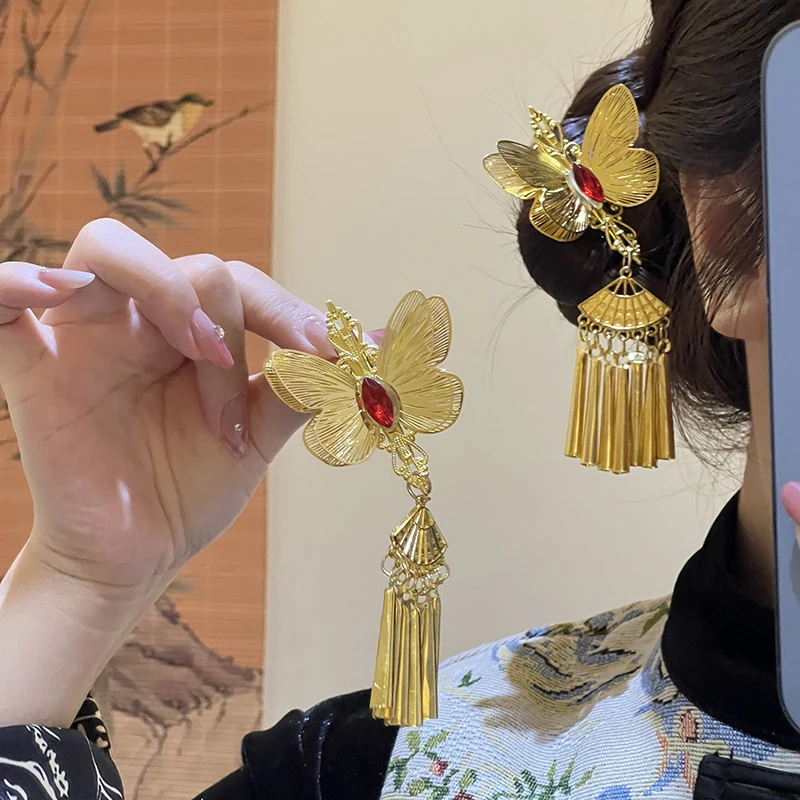 金澜蝶梦~新中式金色蝴蝶流苏发夹女边夹头饰古风发饰