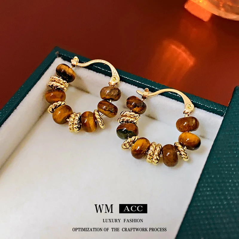 铜合金耳饰 秋冬美拉德色系耳扣真金电镀圆形虎眼石耳环气质百搭