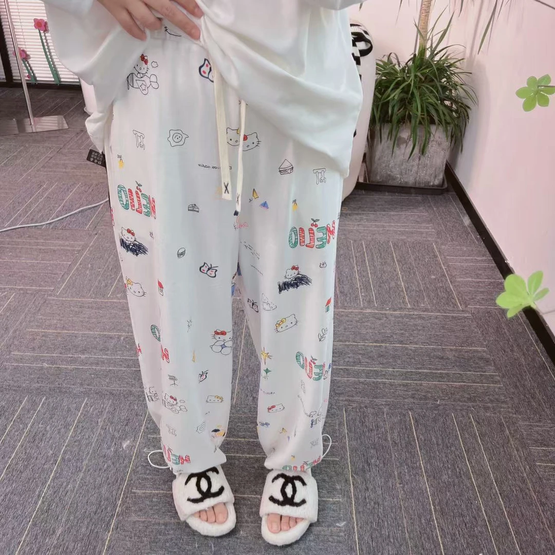 【纯熙+】1708春夏新款薄款圈棉满印字母小猫拖地抽绳休闲裤女韩版