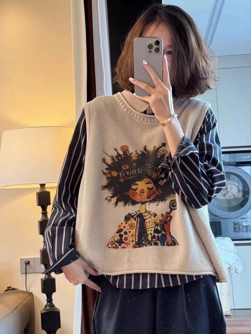 印花棉线针织马夹圆领百搭休闲文艺时尚风