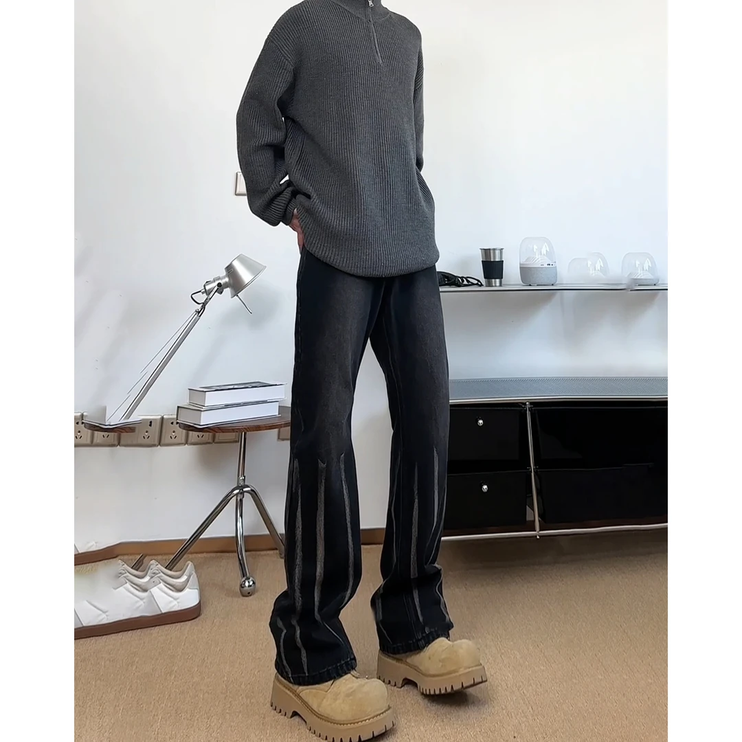 扎染水洗复古黑色牛仔裤男款春季直筒微喇长裤美式hiphop高街裤子