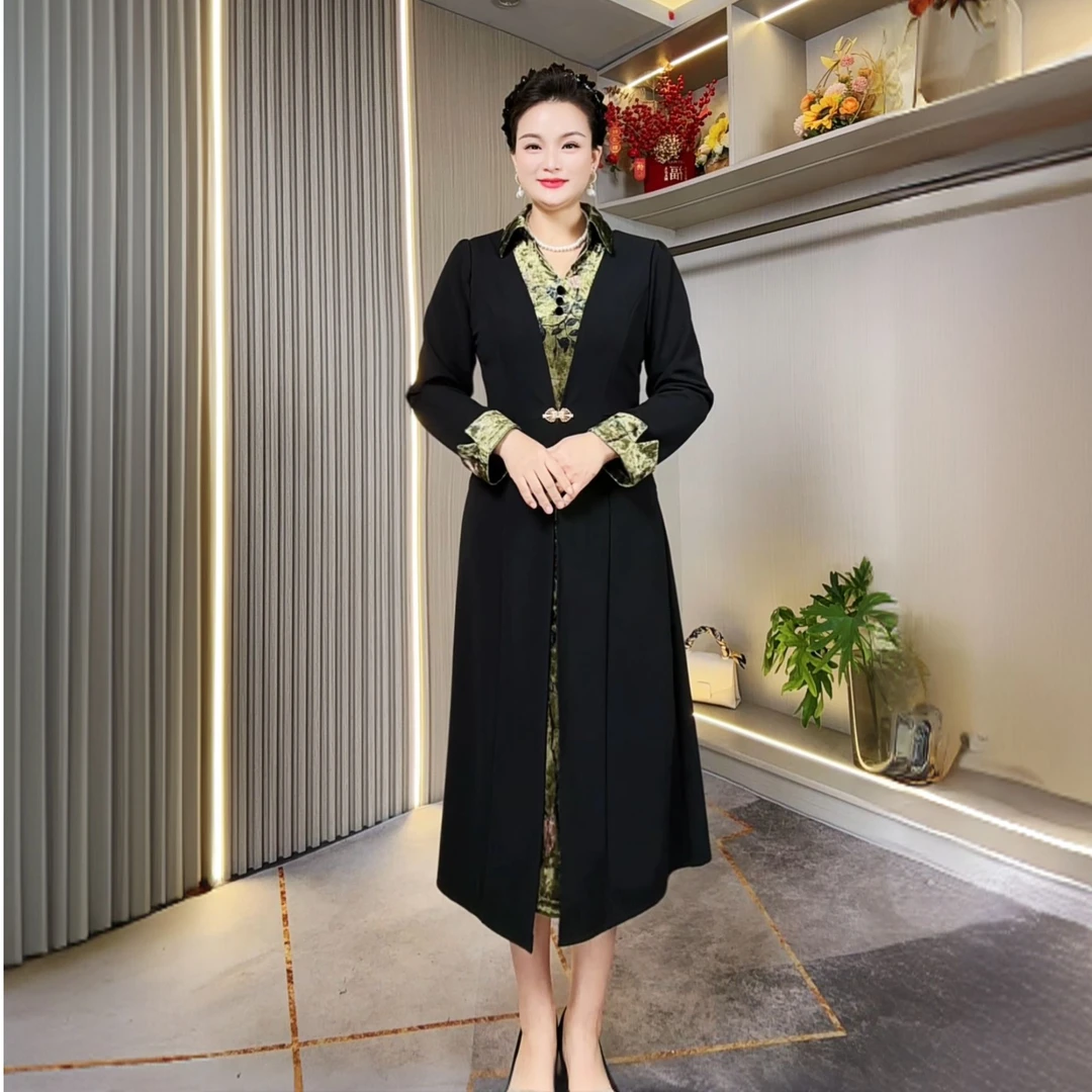 春季新款假两件连衣裙高品质丝绒拼接妈妈装气质显瘦显年轻宽松