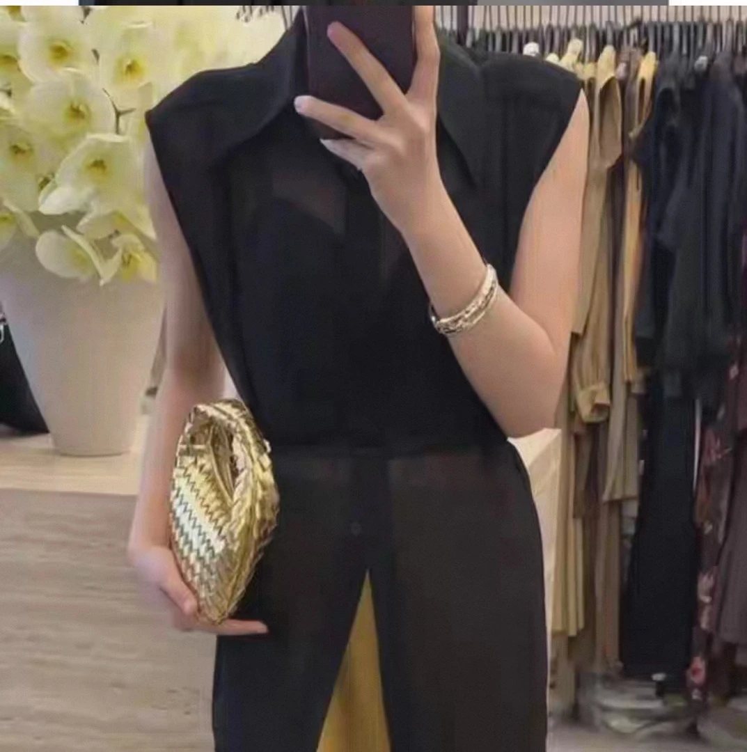 高级感翻领系带无袖衬衫女夏款收腰显瘦气质上衣