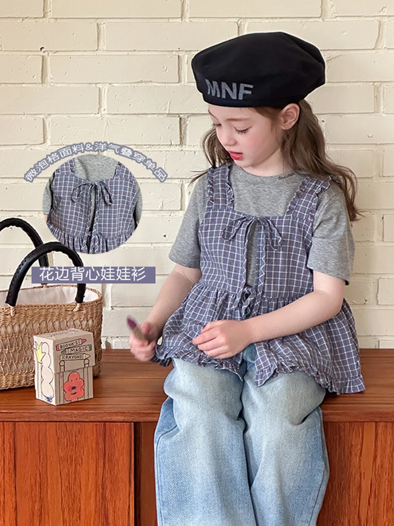 【现货】女童夏季蝴蝶结系带花边格子背心娃娃衫上衣25B007