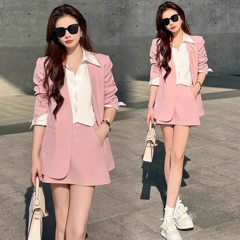 拉夏贝尔时尚套装裙春夏2025新款洋气显瘦西装外套高腰短裙两件套