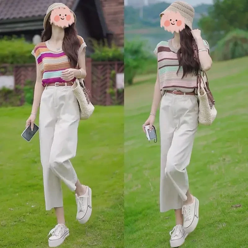 2025夏季新款镂空撞色无袖条纹宽松上衣+纯色宽松简约9分裤休闲裤