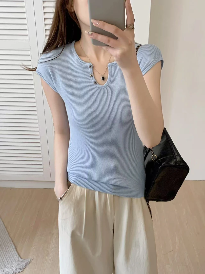 张金家网红百搭上衣夏款冰丝纯色U领T恤JJ02