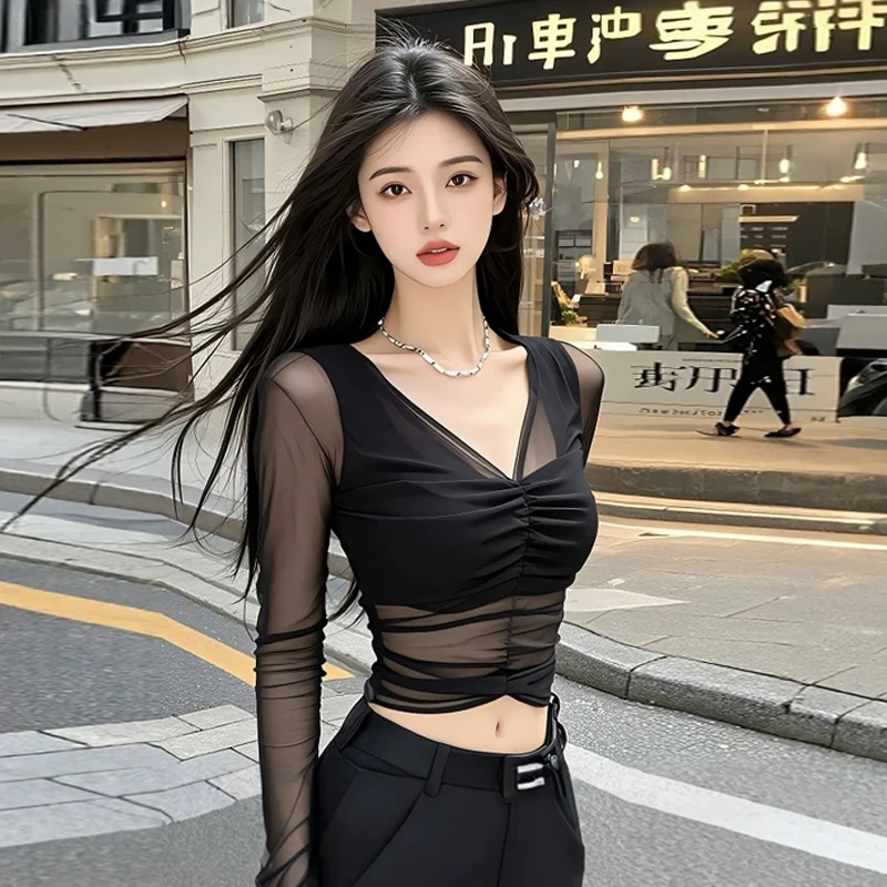 辣妹纯欲风网纱拼接性感上衣女春夏新款显瘦透视外穿t恤蕾丝衫潮