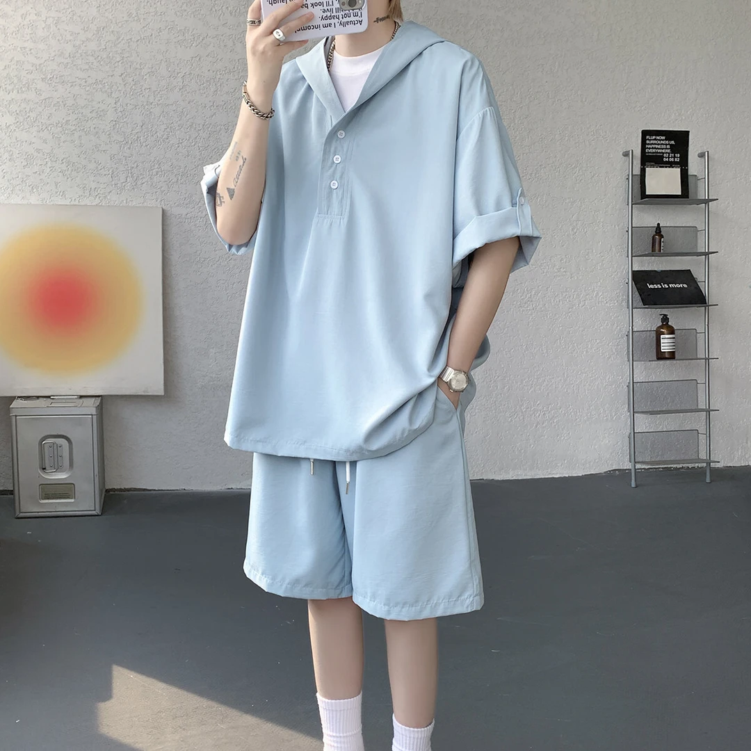 PLQV夏季休闲大码冰丝连帽七分袖套装简约百搭情侣宽松运动设计感