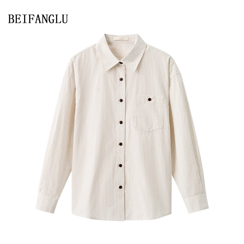 北方鹿【近江晒布】早秋高支100棉色织肌理感条纹百搭女士衬衫11024