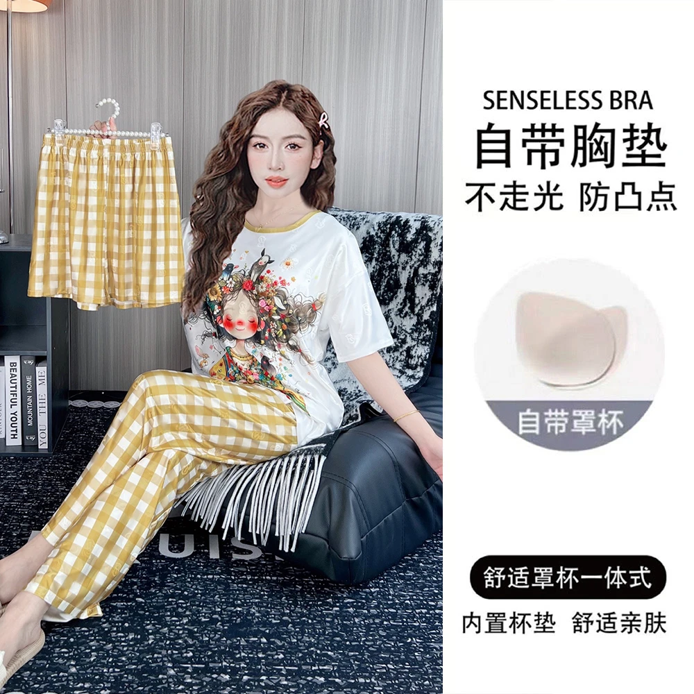 带胸垫夏季提花冰丝睡衣女短袖薄款三件套宽松卡通家居服套装夏天
