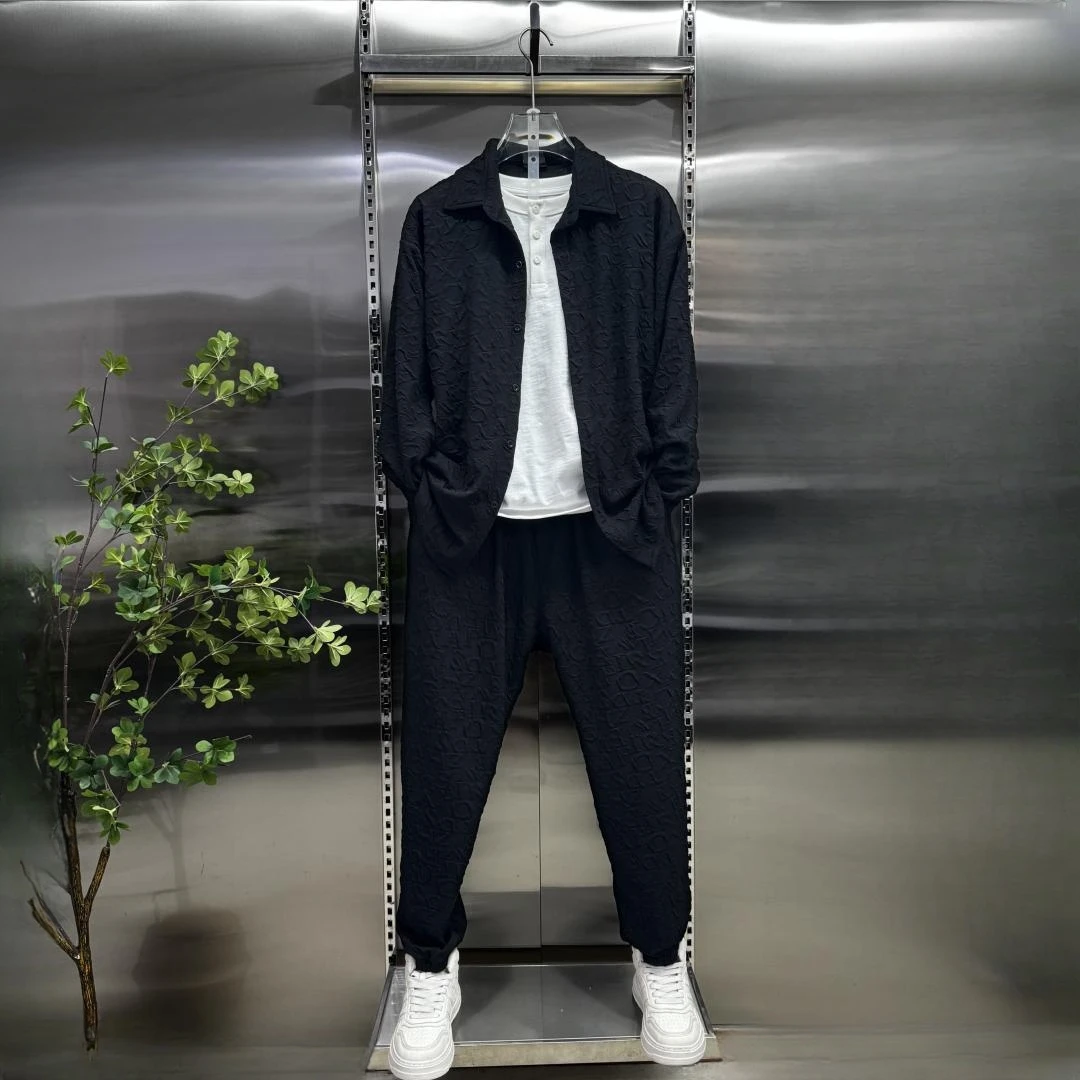 长袖长裤男高弹青年时尚套装提花宽松衬衫秋季春季休闲显瘦两件套