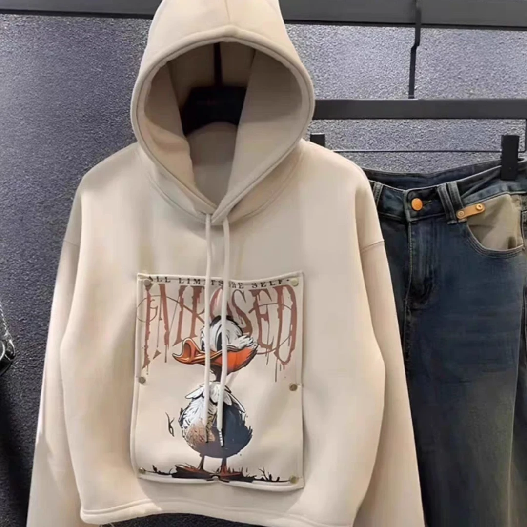 韩版卡通印花小个子连帽卫衣2024冬新款加绒加厚抽绳收腰上衣052