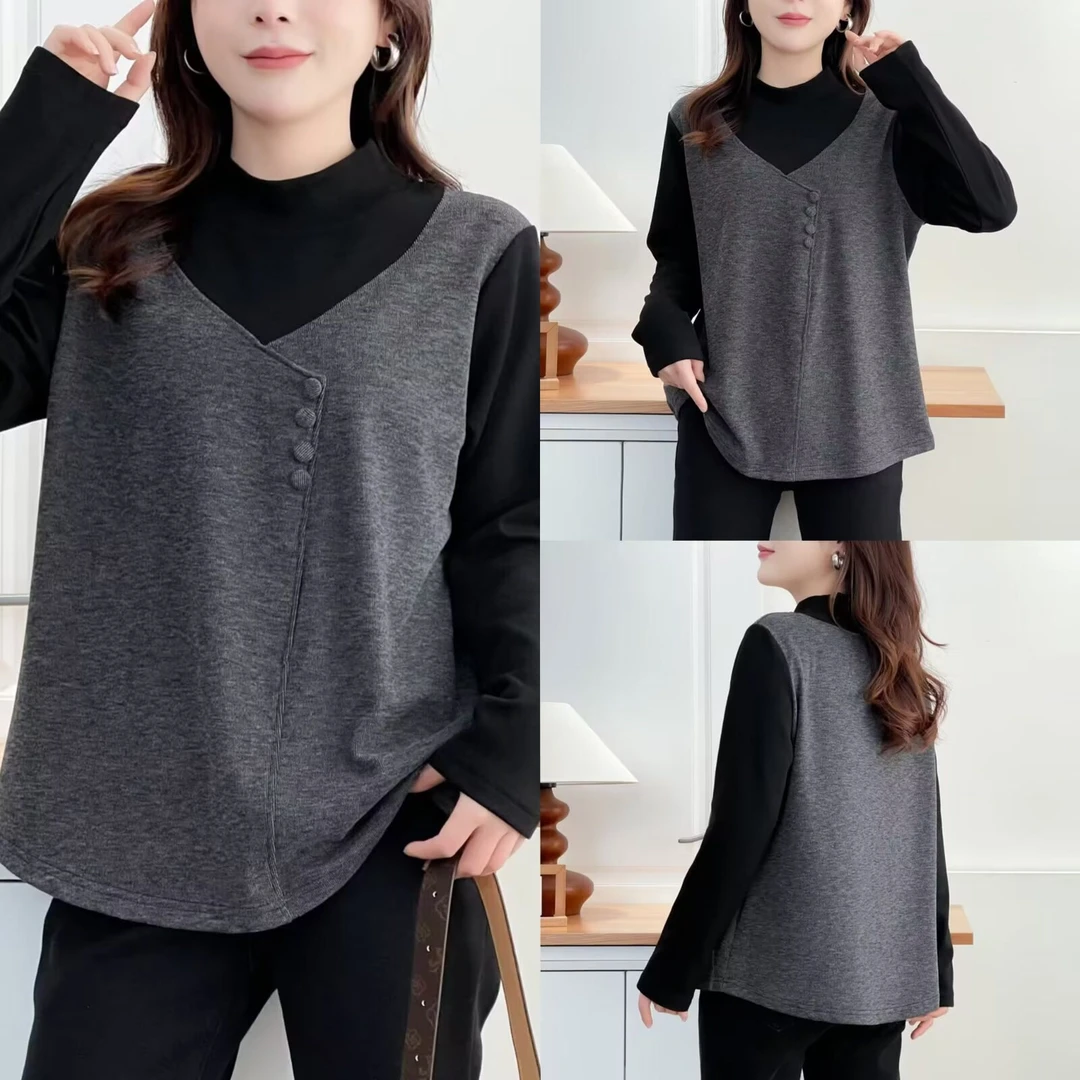 胖mm冬季新款设计感假两件长袖T恤灰色拼色打底衫女上衣203