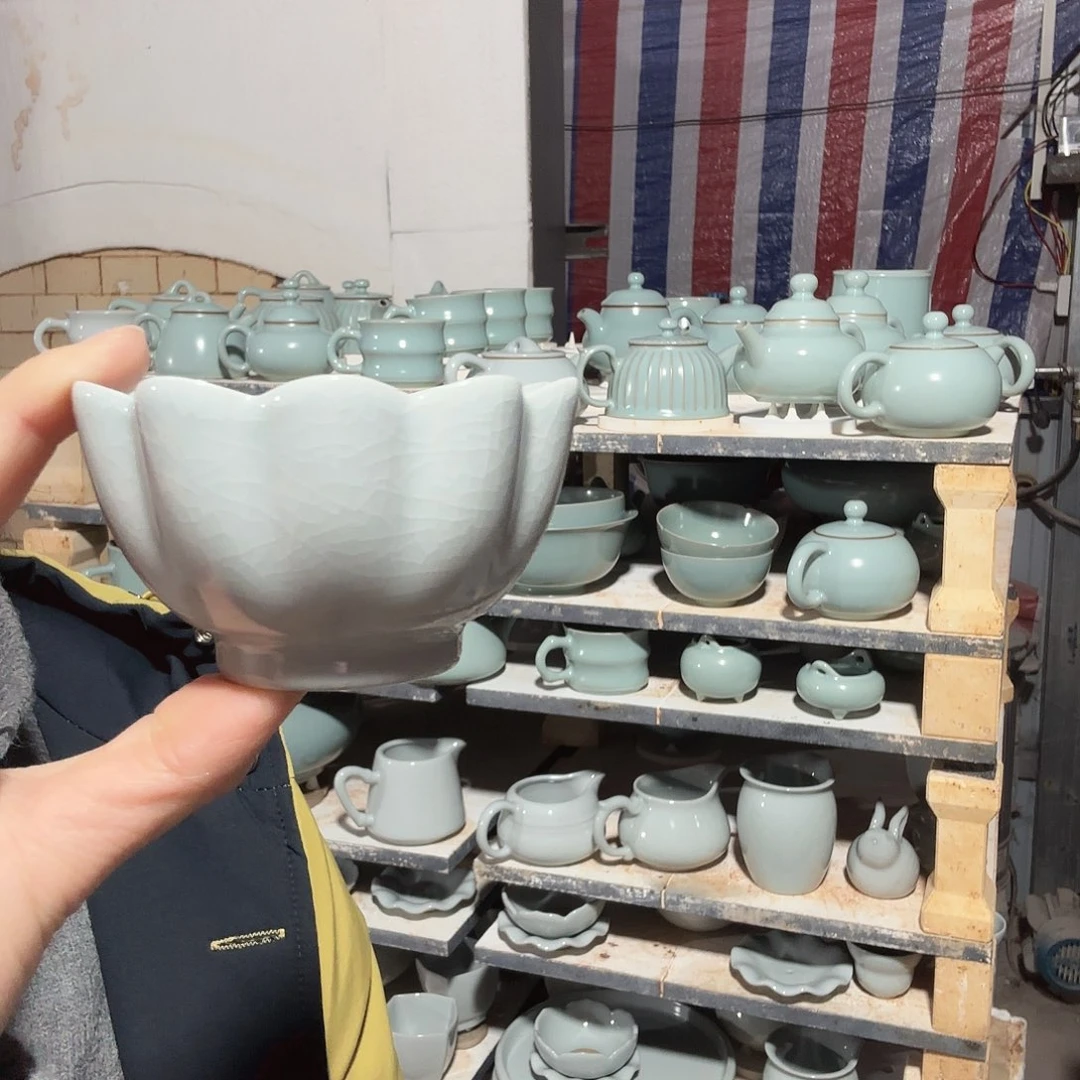 陶摆件汝瓷莲花杯支钉烧仿古月白釉开播福利