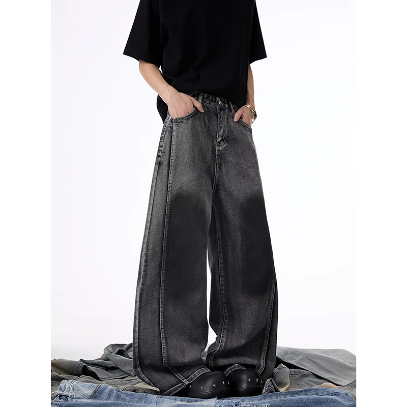 ZZQ 美式复古水洗牛仔裤男潮牌2025新款烟灰色直筒宽松显瘦阔腿裤