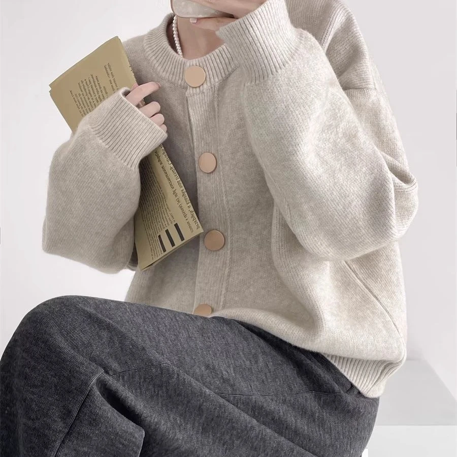 2025早秋季设计感单排扣纯色针织毛衣外套开衫慵懒宽松圆领上衣女