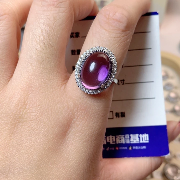 紫晶戒指银S925镶嵌桃**月新疆西藏不包邮