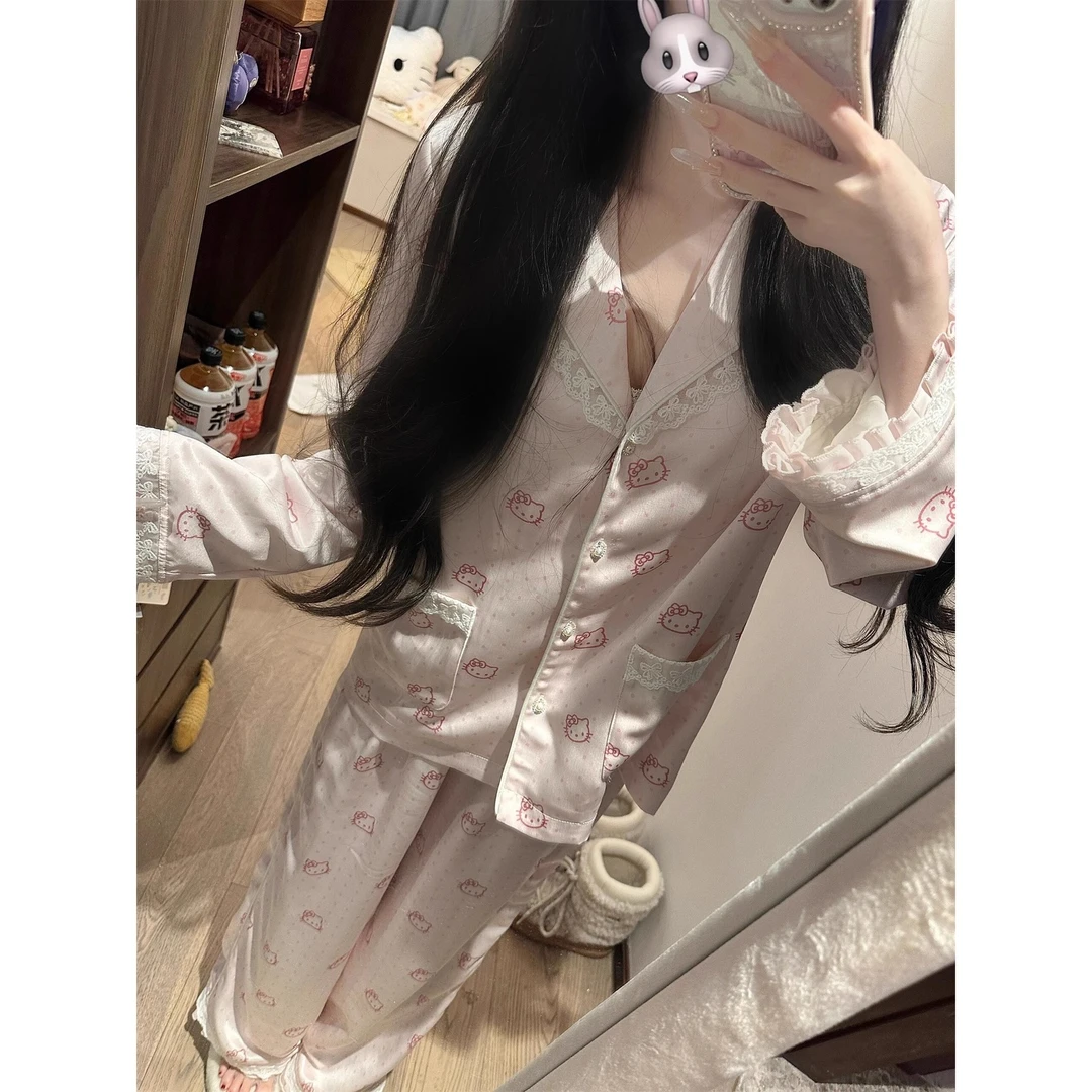 【可爱凯蒂猫】甜美蕾丝花边冰丝睡衣女春秋薄款长袖长裤家居服套装