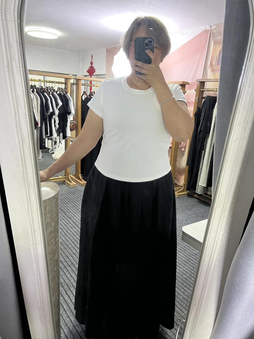 0246黑色圆领短袖侧褶皱夏季修身T恤不规则简约白色韩版百搭宽松