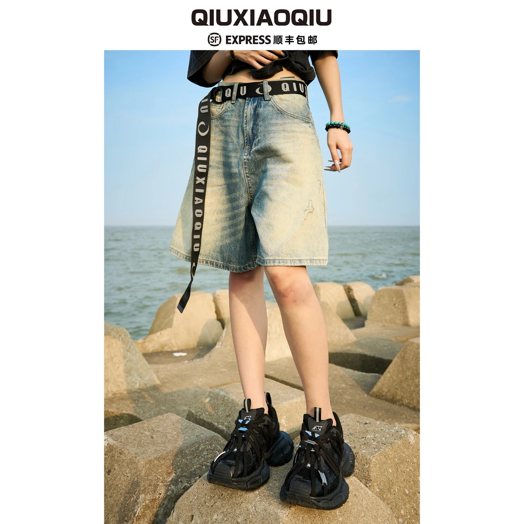 【Qiuxiaoqiu】手工喷码溜重工洗水破坏夏季百搭宽松休闲牛仔短裤