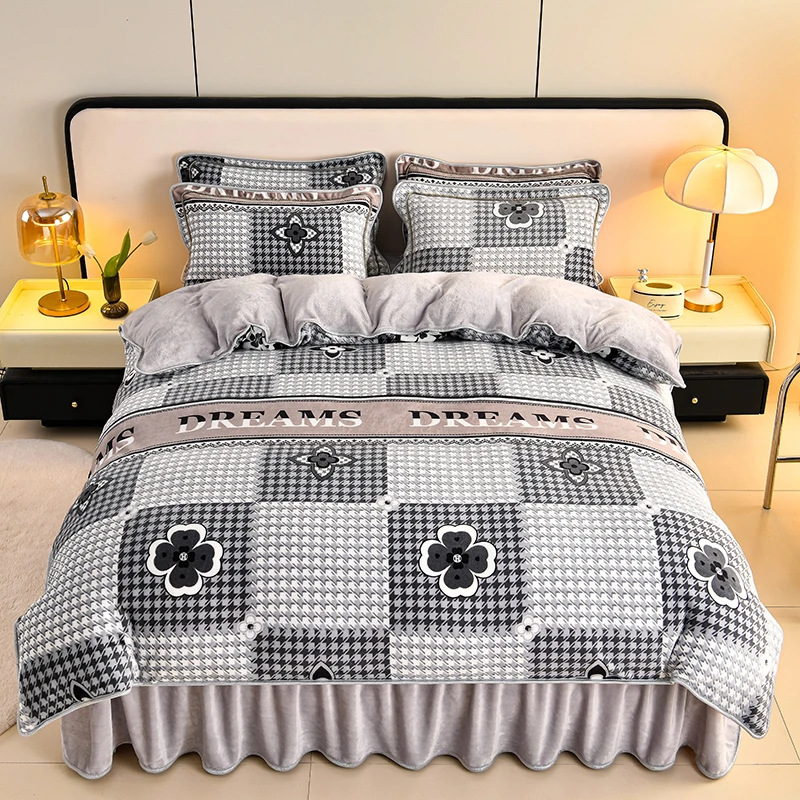 新款高克重加厚牛奶绒四件套印花包边四件套床上用品