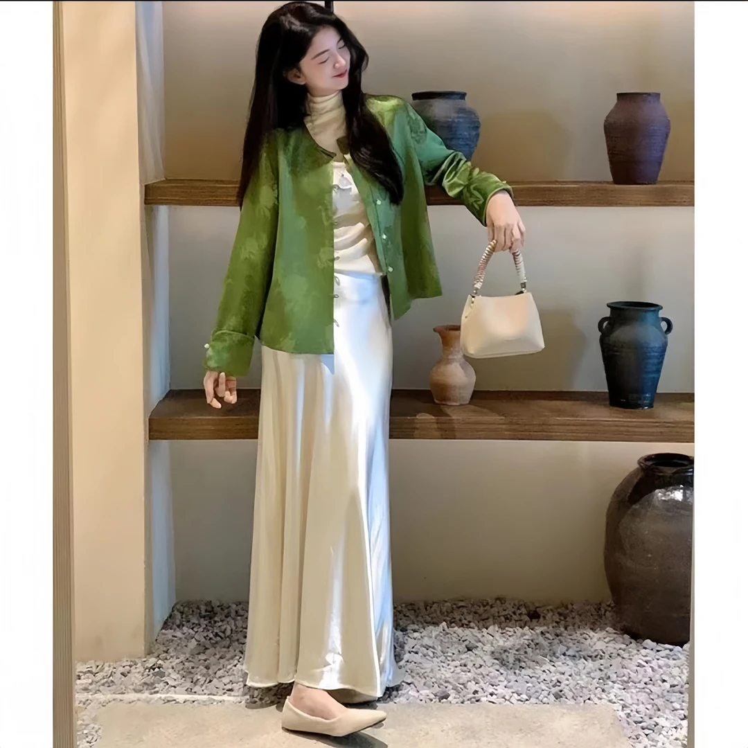 【岚烟】时尚气质新中式中国风提花日常醋酸高腰纯色薄半裙