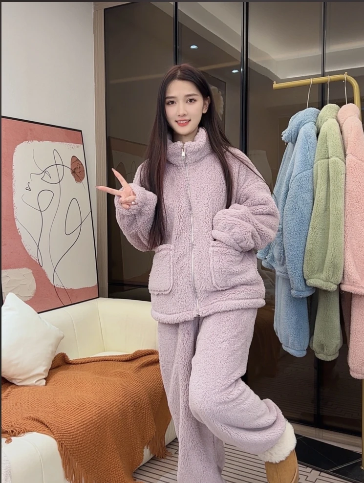 双面加绒加厚加绒保暖睡衣套装女冬季2024外穿家居服拉链两件套