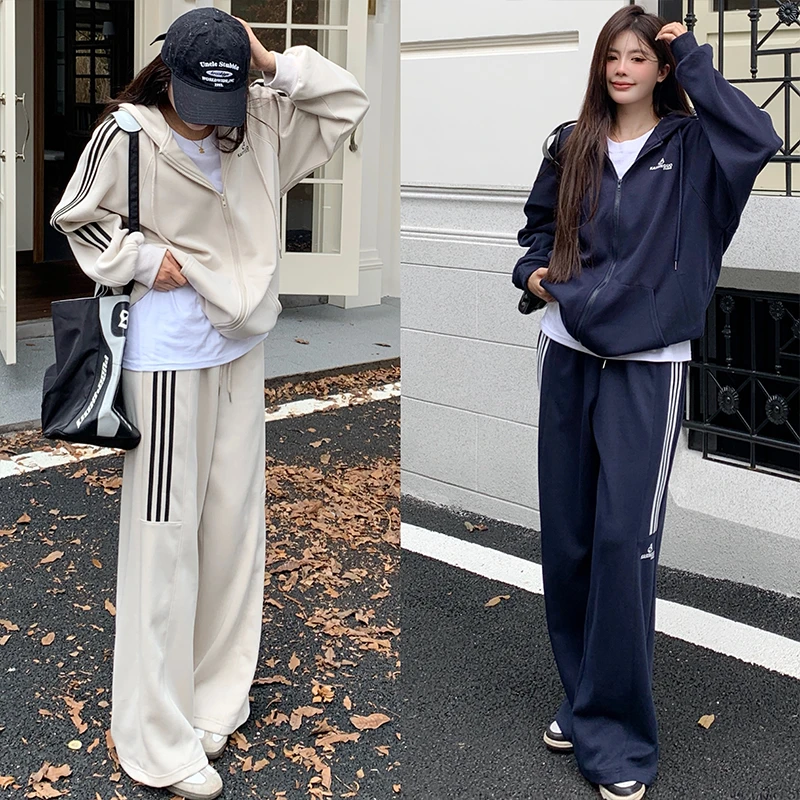 大码女装卫衣秋冬纯色卫衣上衣 休闲宽松卫裤两件套 学院风套装